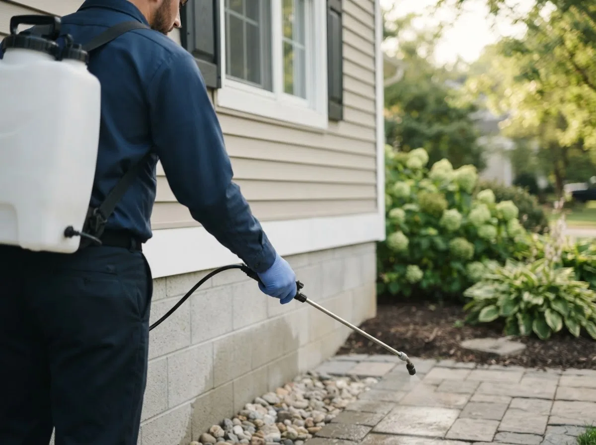 Pest control technician inspecting a home in Creston, WV